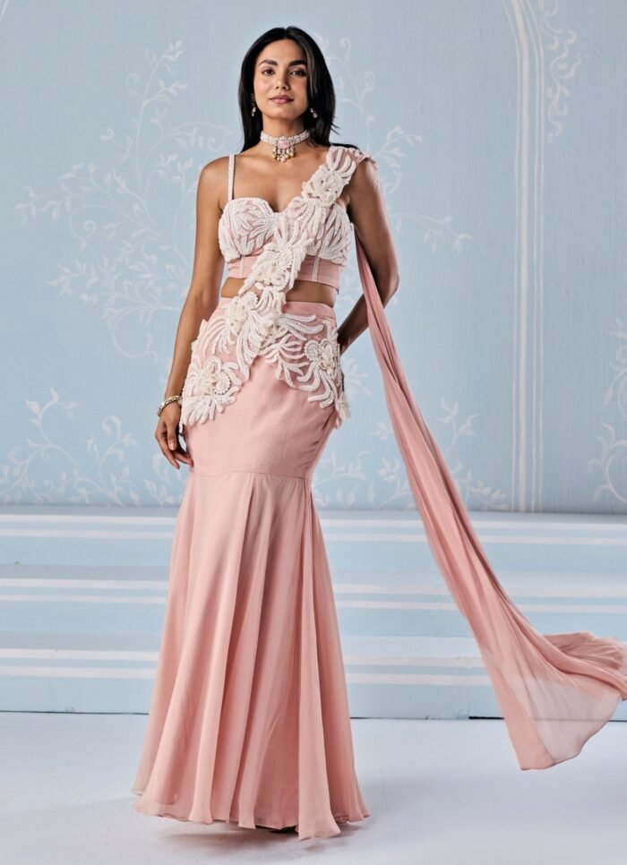 Dusty Pink Organza Mermaid Lehenga Saree Set With Corset