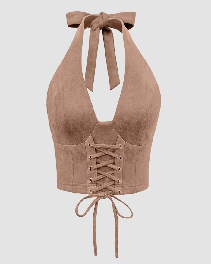 Brown Backless Tank Top with Mid-Section Tie Detail