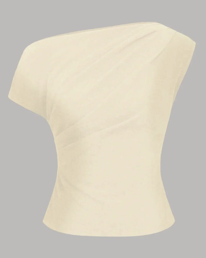 One Shoulder Ruched Asymmetrical Top in Beige