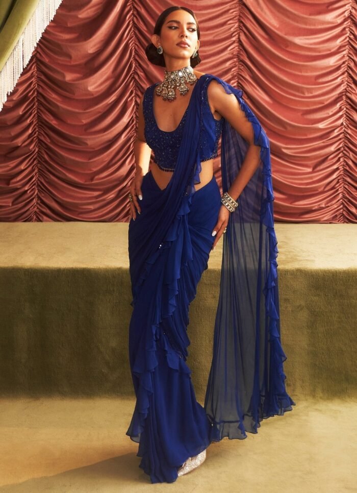 Electric Blue Pre Draped Georgette Ruffle Saree