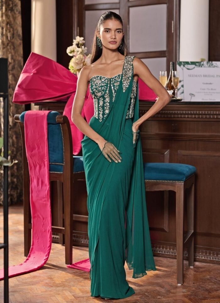 Emerald Green Georgette Pre Draped Saree With Corset Blouse