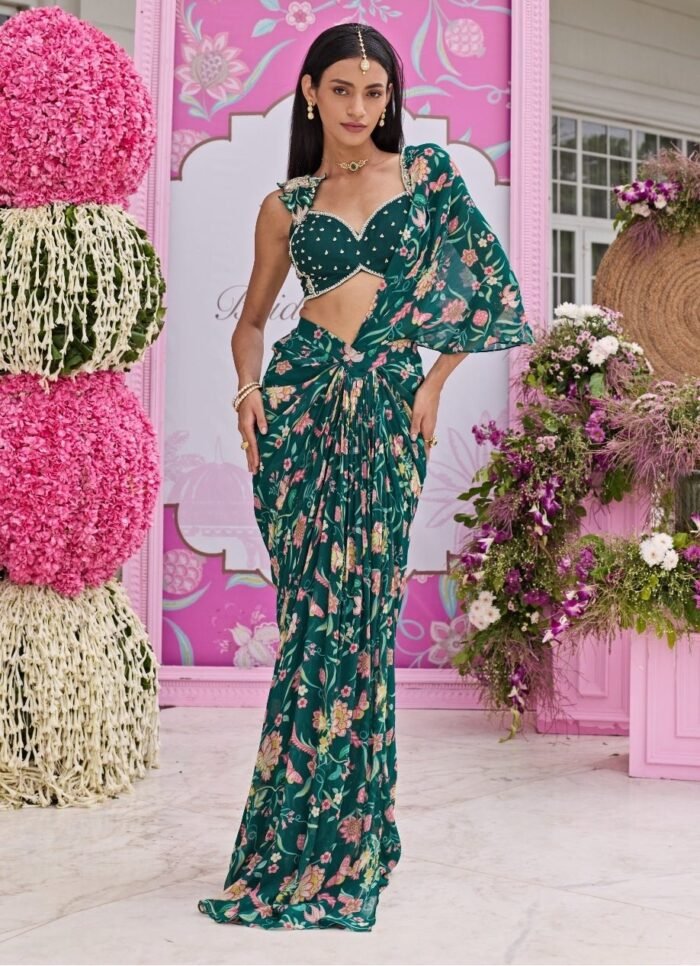 Emerald Green Printed Georgette Concept Saree