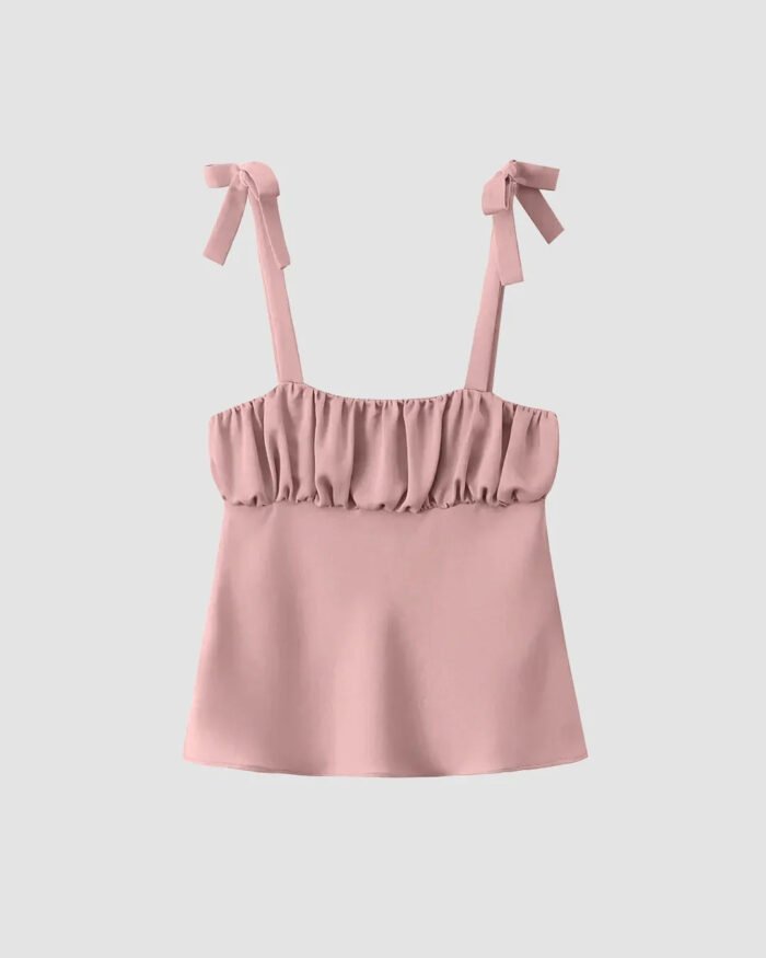Tie Strap Ruffle Front Cami Top in Rose Pink