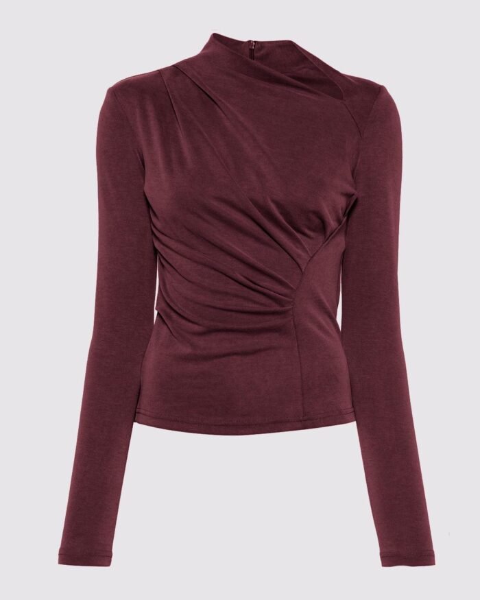 Ruched Zipper Asymmetry Neck Long Sleeve Top In Cherry Red