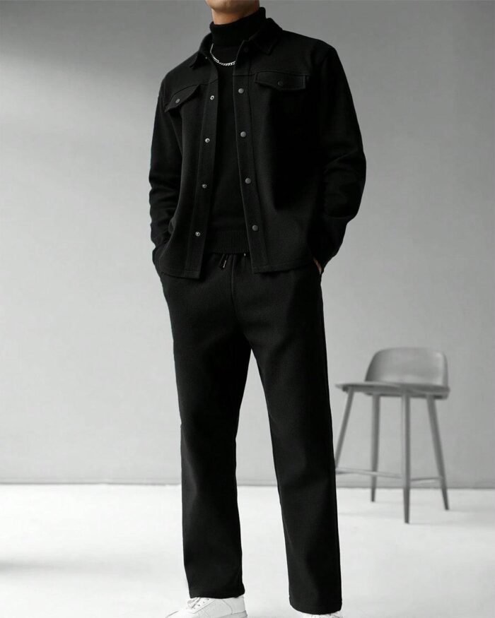 Men Solid Color Long Sleeve Single-Breasted Jacket And Pants Set