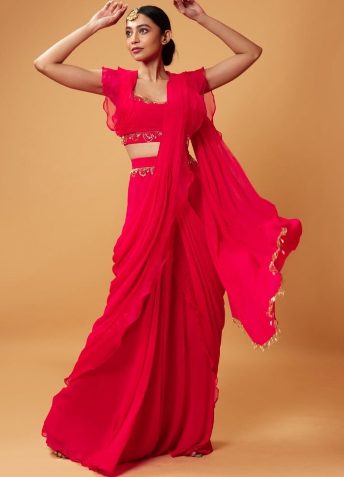 Fuchsia Pink Ruffle Saree