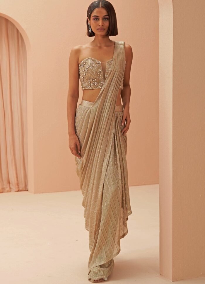 Gold Glam Pleated Saree With Corset Blouse