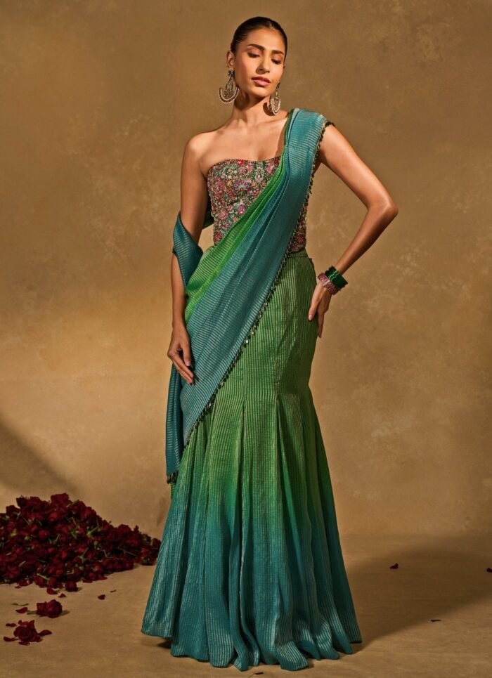 Green And Blue Tissue Jamewar Ombre Corset Pre-Draped Saree