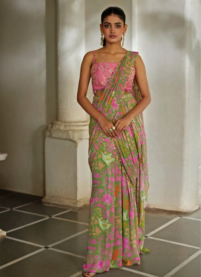 Green And Pink Printed Georgette Predraped Saree