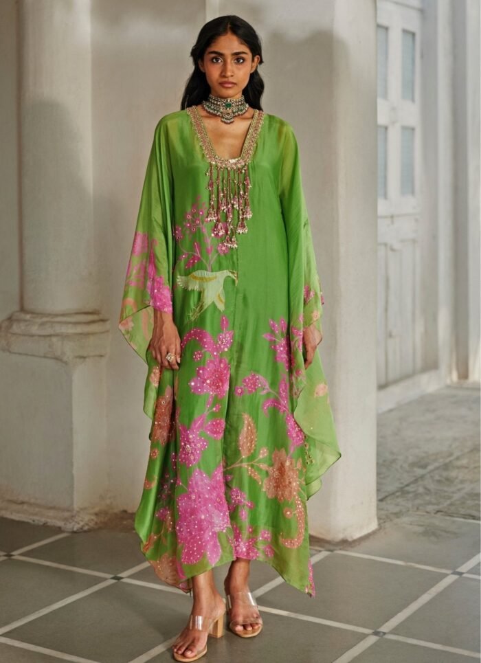 Green And Pink Printed Silk Organza Kaftan Set