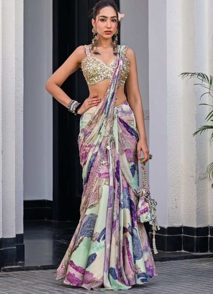 Green Chiffon Predraped Printed Saree With Sequins Blouse