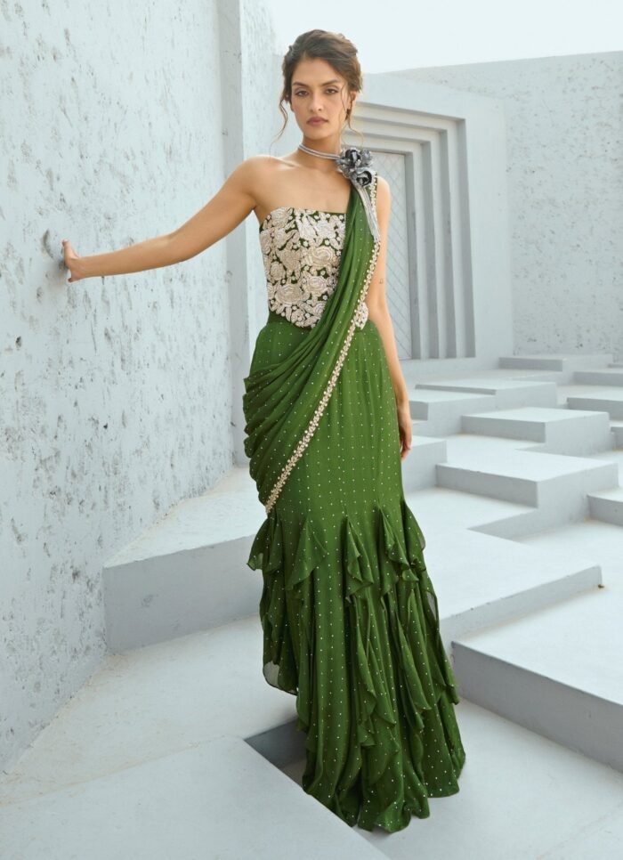 Green Embroidered Pre Stitched Georgette Saree With Corset
