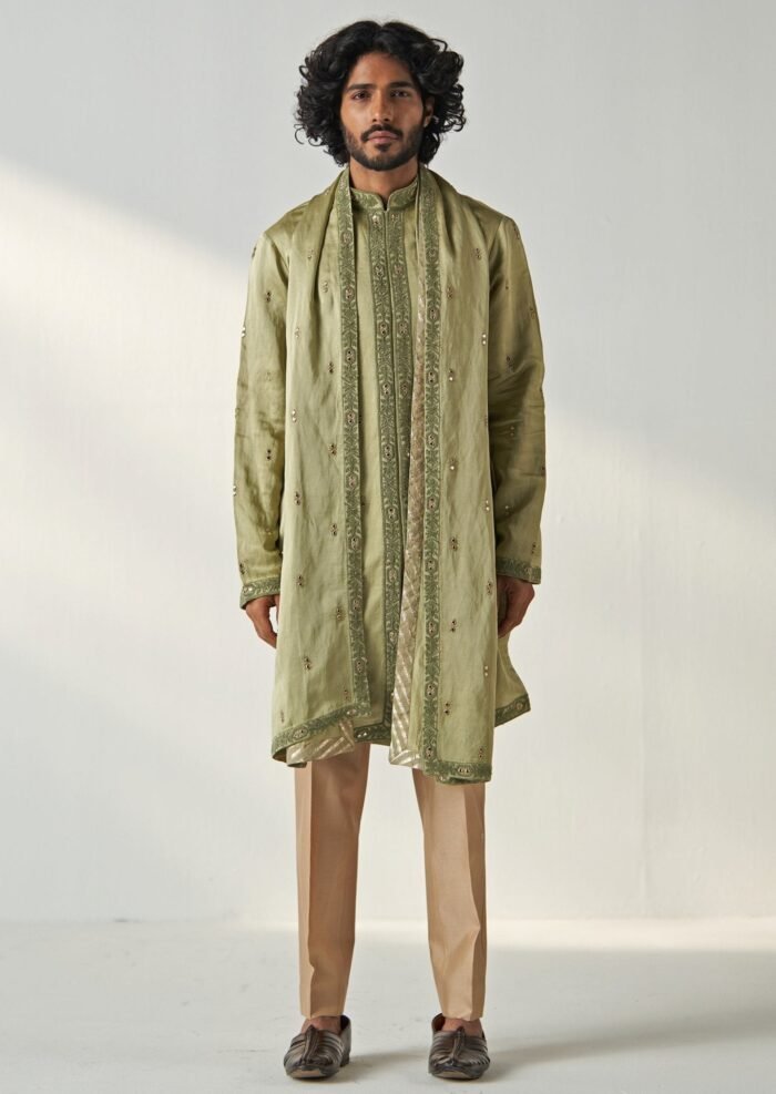 Green Mirror Work Chanderi Silk Kurta Pants Set