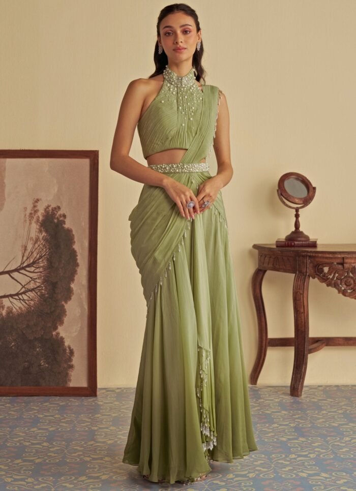 Green Ombre Predraped Saree With Halter Blouse