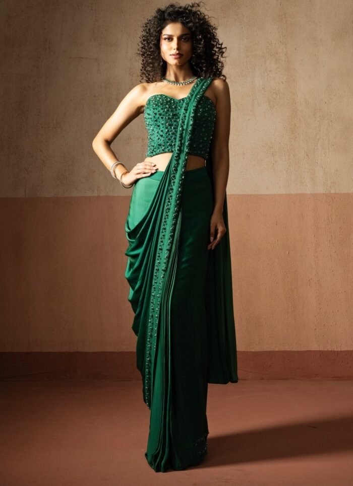 Green Pre Draped Satin Saree With Corset Blouse