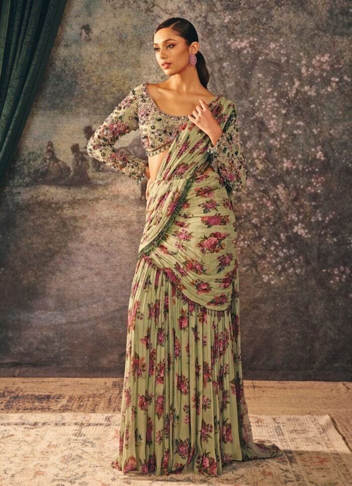 Green Printed Chiffon Pre-Draped Saree