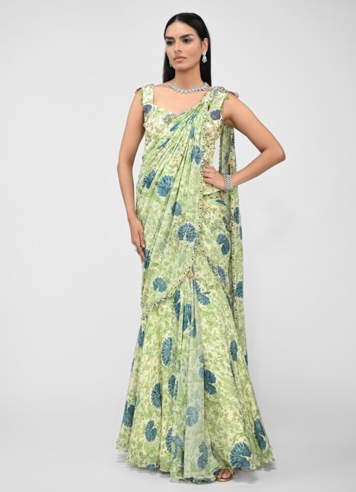 Green Printed Pre-Draped Saree With Corset