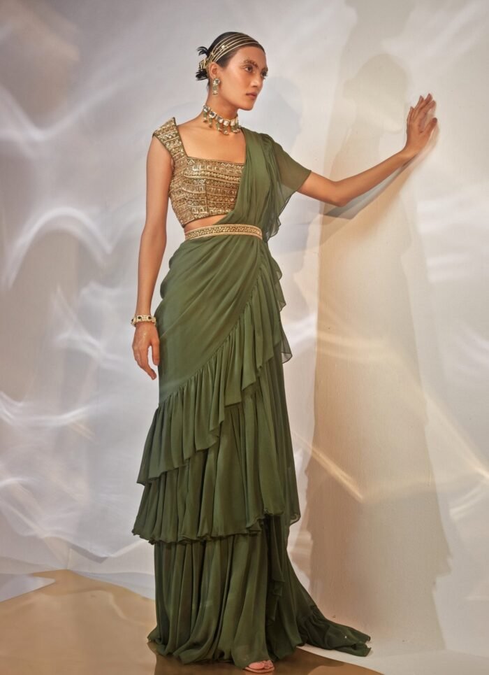 Green Ruffled Georgette Saree