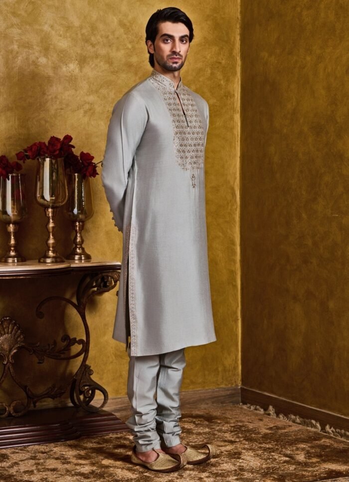 Grey Green Cotton Silk Kurta Set