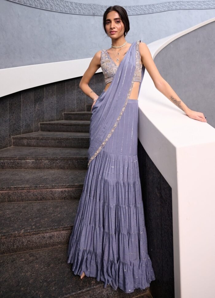 Grey Sequin Tiered Georgette Pre Draped Saree
