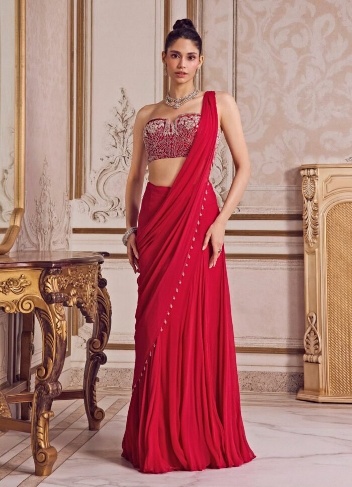 Hot Pink Chiffon Pre-Draped Saree With Corset Blouse