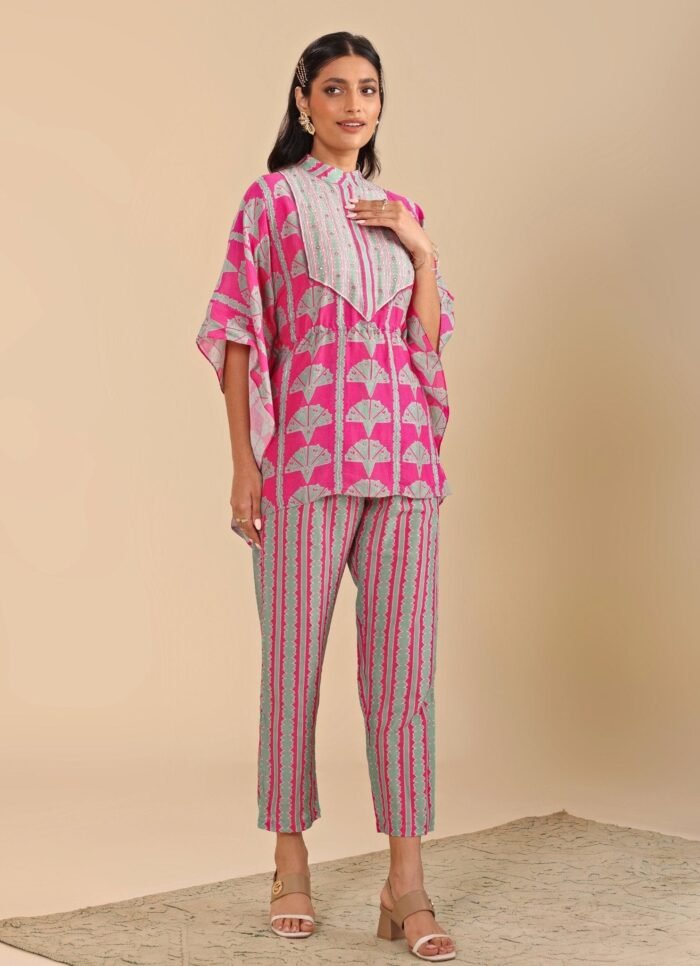 Hot Pink Embroidered Short Kaftan With Linen Pants