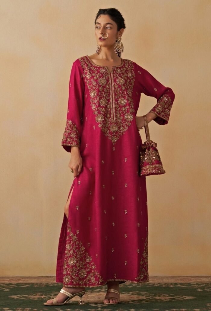Hot Pink Embroidered Silk Kaftan