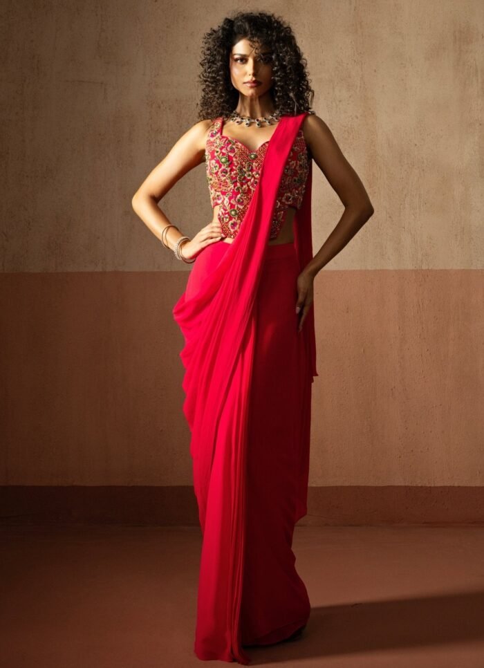 Hot Pink Pre Draped Georgette Saree With Corset Blouse