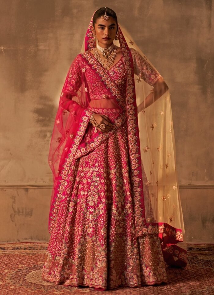 Hot Pink Raw Silk Double Dupatta Bridal Lehenga Set