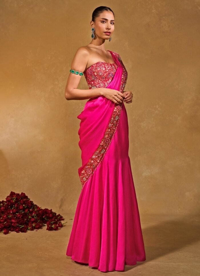 Hot Pink Silk Pre-Draped Saree With Corset