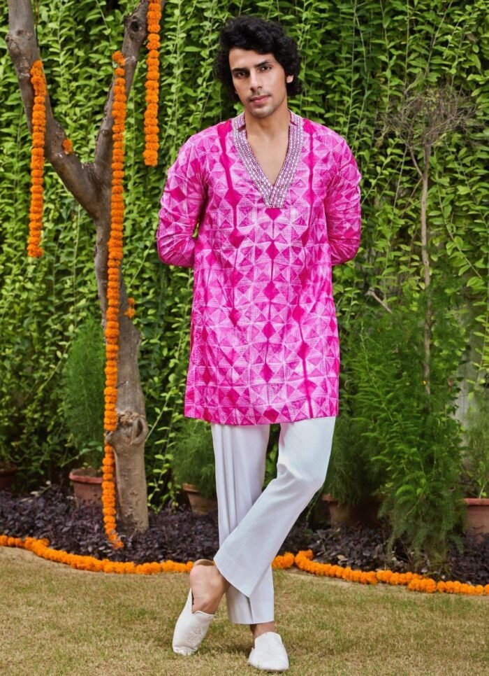 Hot Pink Silk Tie and Dye Kurta Set
