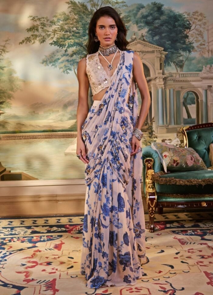 Ivory And Blue Printed Georgette Pre-Draped Saree