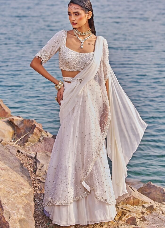 Ivory And Gold Drape Sequinned Ruffle Saree