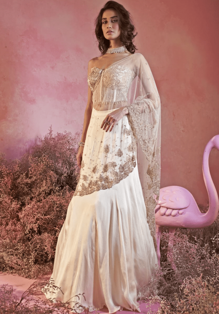 Ivory And Gold Lehenga Corset Saree With Leaf Motifs