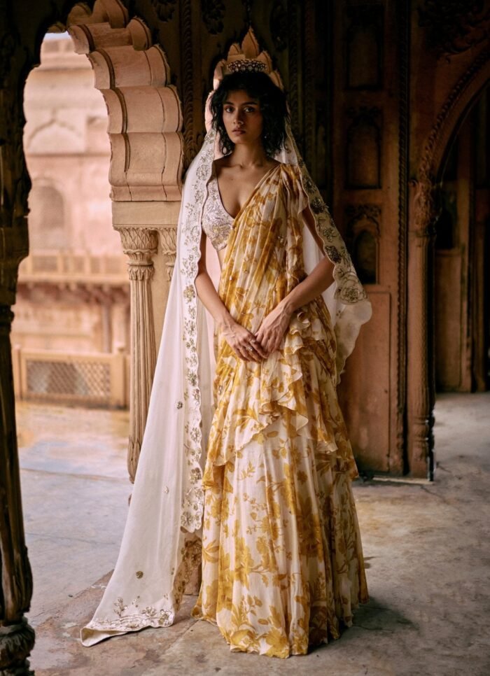 Ivory And Yellow Printed Chiffon Predraped Saree