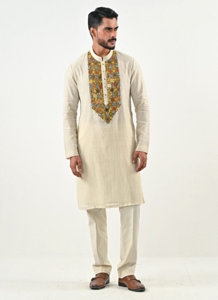 Ivory Embroidered Chanderi Kurta Set