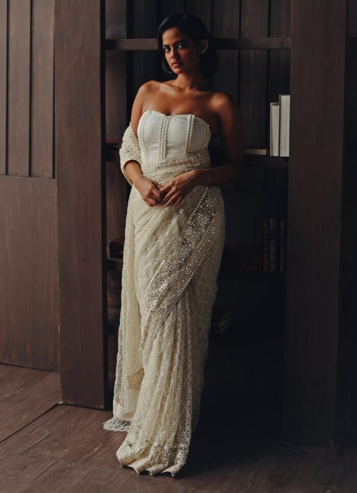 Ivory Embroidered Soft Net Saree With Corset