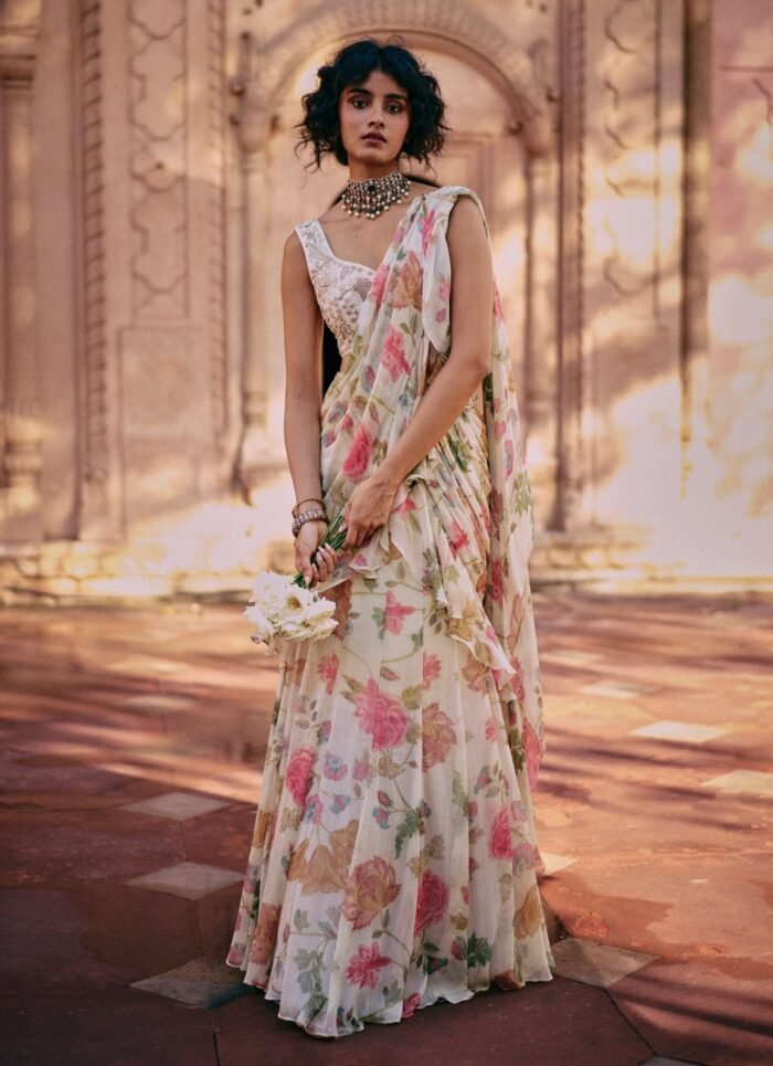 Ivory Floral Printed Chiffon Predraped Saree