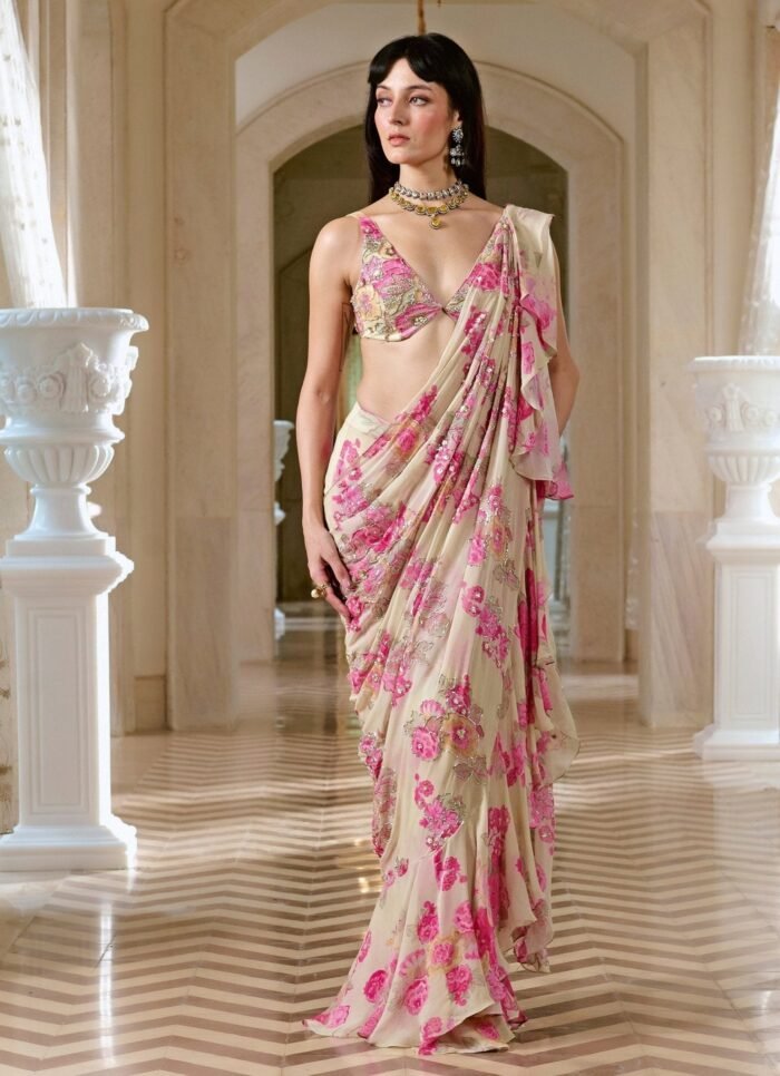 Ivory Floral Printed Georgette Predraped Ruffle Saree