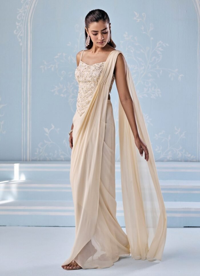 Ivory Georgette Pre-Draped Saree With Corset