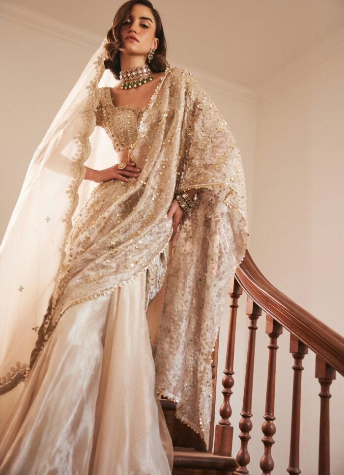 Ivory Gold Embroidered Pure Silk Tissue Predraped Saree With Veil