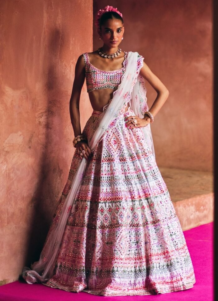 Ivory Multicoloured Raw Silk Lehenga