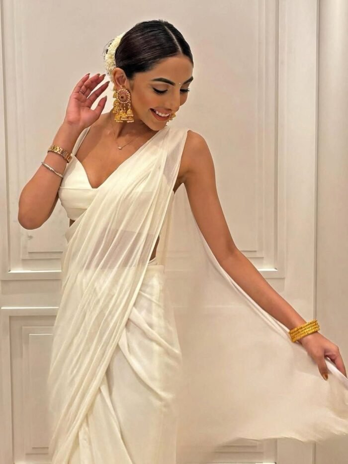 Ivory Predraped Pure Georgette Ruffle Saree With Ruched Blouse