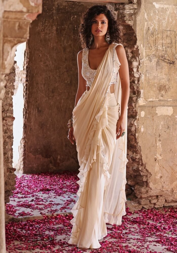 Ivory Pre-Stitched Ruffle Saree
