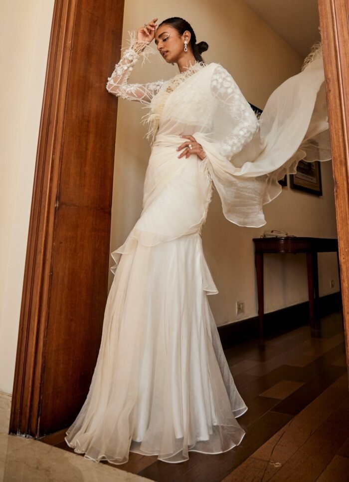 Ivory Predraped Organza Ruffle Saree With Feather Blouse