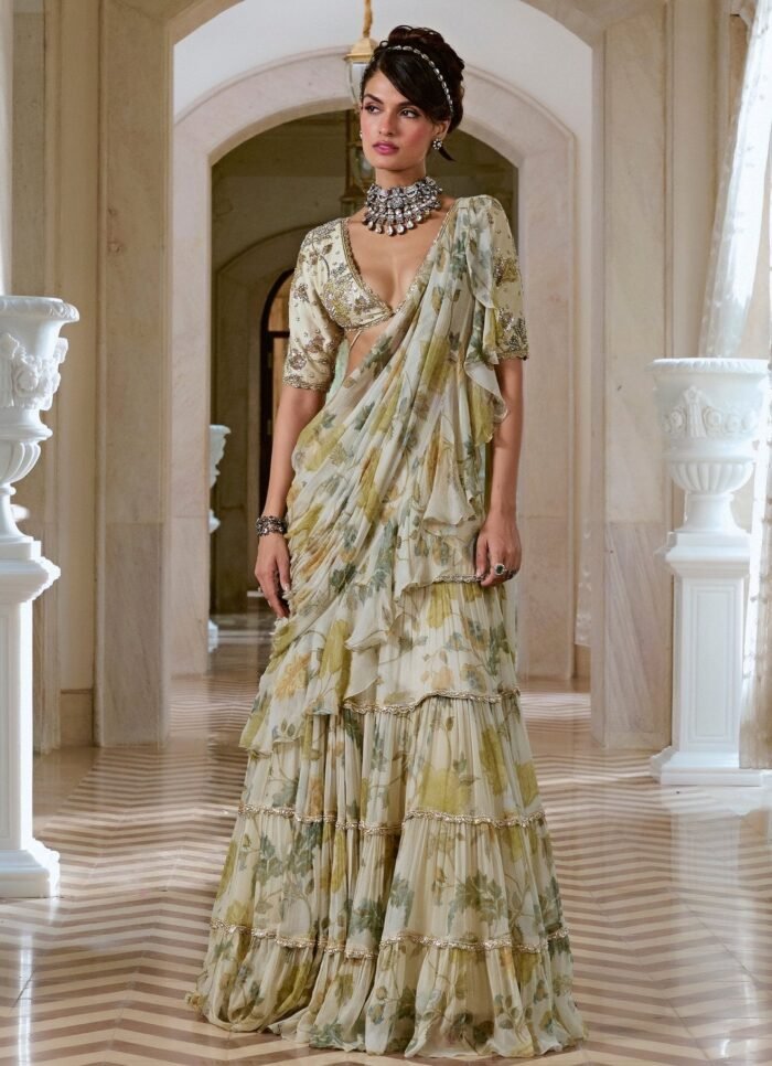 Ivory Printed Chiffon Pre-Draped Ruffle Saree