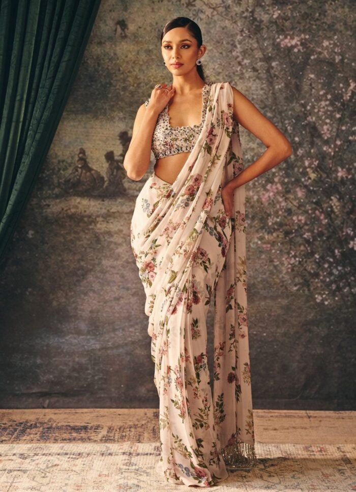 Ivory Printed Chiffon Pre-Draped Saree