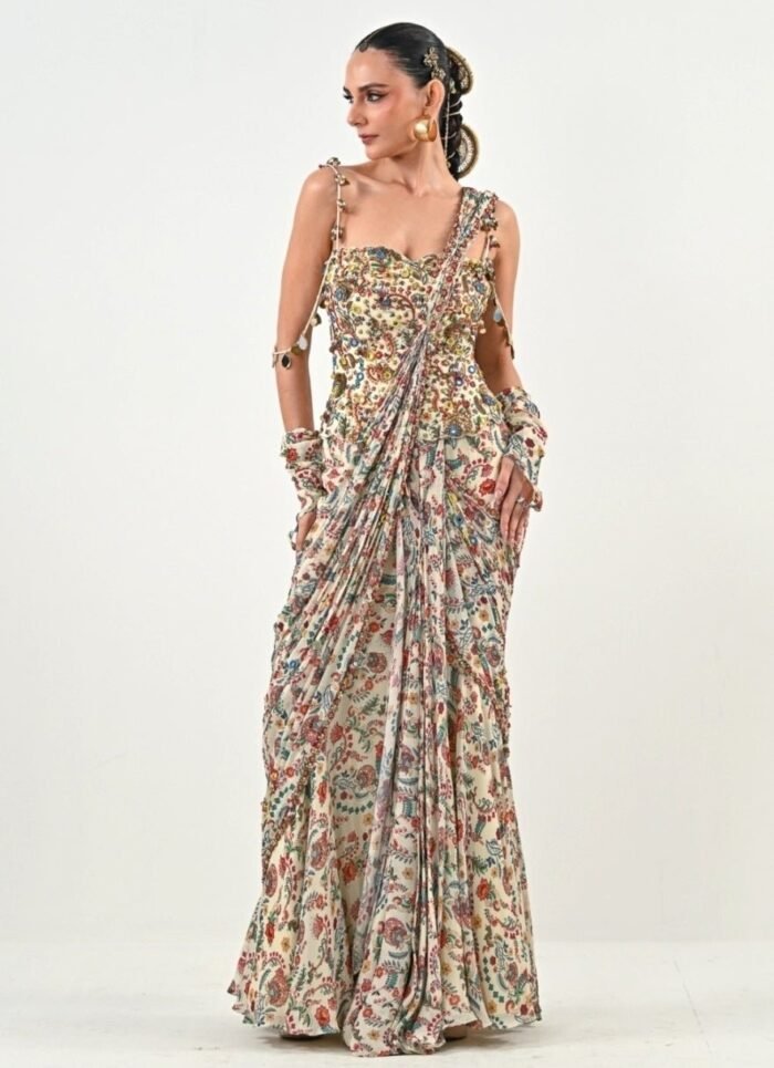 Ivory Printed Chinon Pre-Draped Saree With Corset Blouse