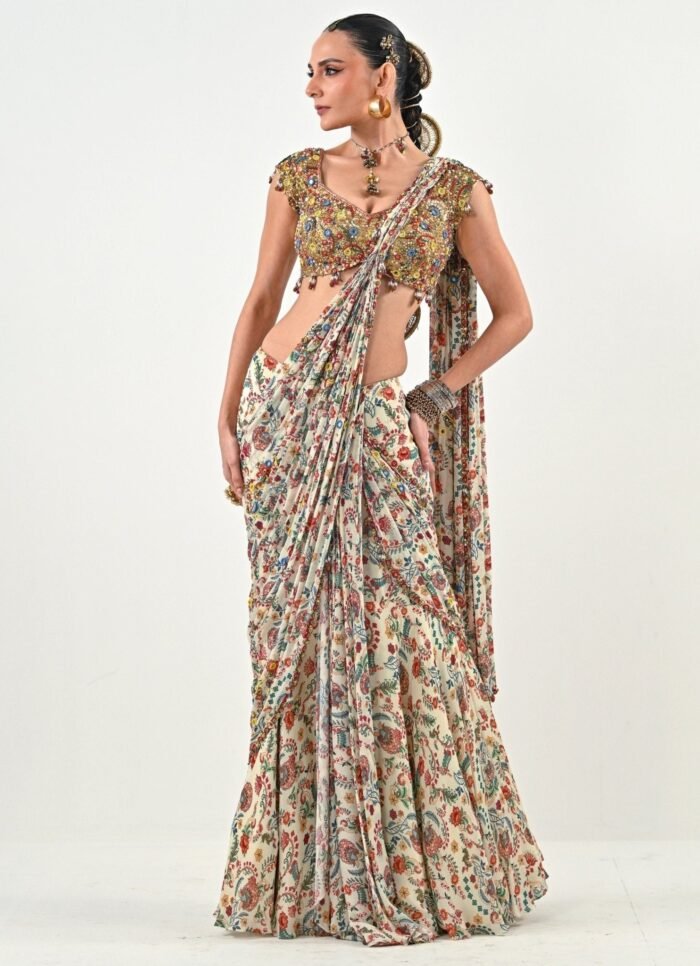 Ivory Printed Chinon Pre-Draped Saree