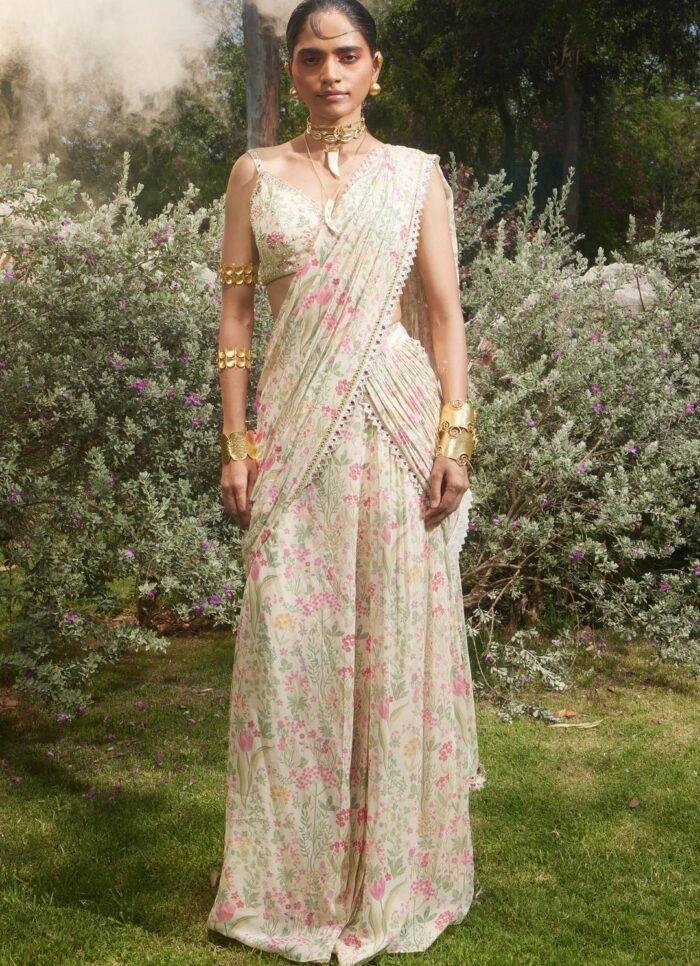 Ivory Printed Georgette Predraped Saree